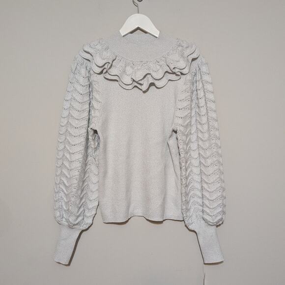 INC International Concepts Silver Metallic Ruffled Puff Sleeve Sweater XL - Picture 9 of 9